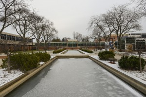 Ice covers the reflecting ponds on KCC's North Avenue campus.