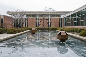 The sculptural fountain outside the LRC, where the Spring Lake Room is located.
