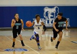 Sophomore guard Raeha Weaver (Lakeview) brings the ball down the court against KVCC.