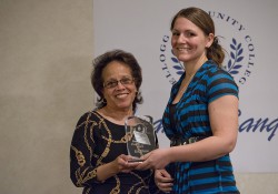 KCC professor Sheila Matthews presents Erin Elliston with the award for Outstanding Human Services Program Graduate during the 2014 Awards Banquet.
