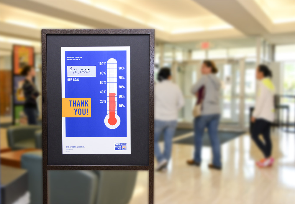 United Way sign with a thermometer graphic showing KCC is nearly halfway to the College's goal of raising $16,000.