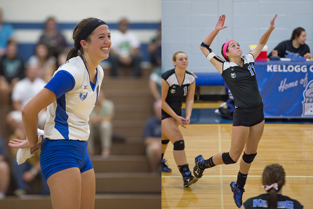 Two photos of women's volleyball player Tristen Ehredt during matches