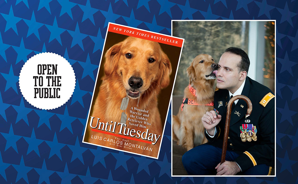 A promotional image featuring author Luis Montalvan and his dog Tuesday; the author is speaking at campus.