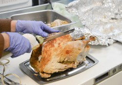 A person's hands are show carving a cooked turkey with an electric knife.
