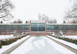 A snowy view of the main entrance to the North Avenue campus in Battle Creek. Photo by Sarah Huling.