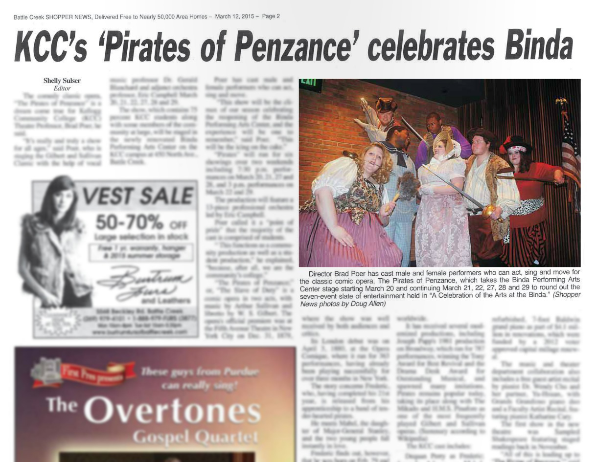 A photo of a Battle Creek Shopper News article about KCC's upcoming production of "The Pirates of Penzance"