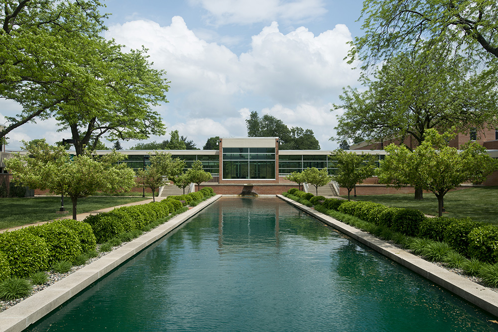 A view of the reflecting pools area in front of the North Avenue campus on a sunny summer day.