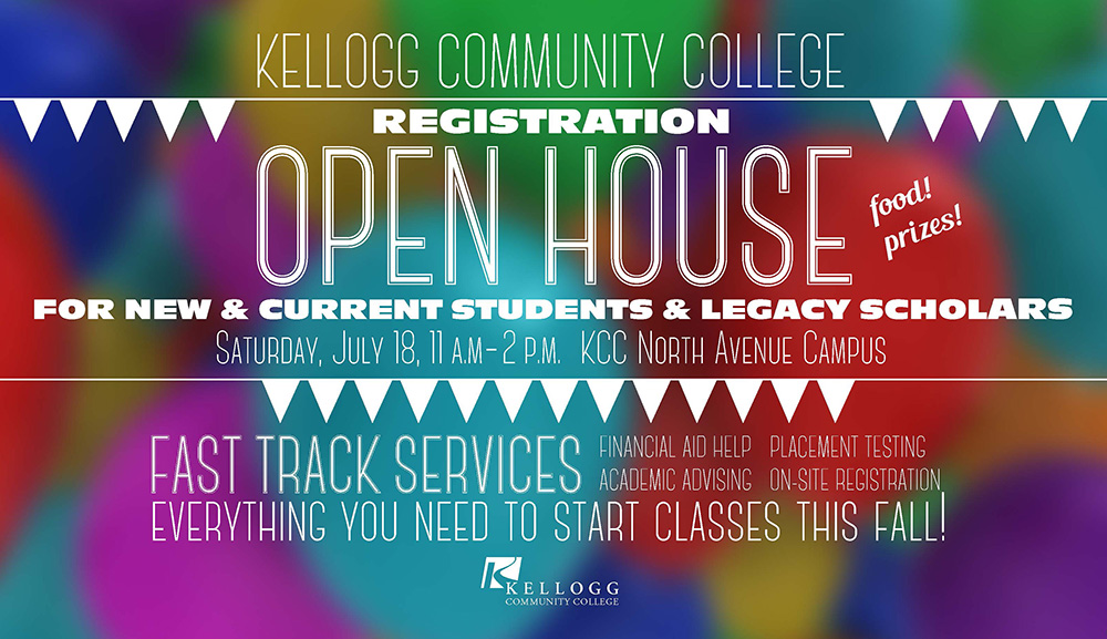 A text postcard promoting KCC's registration open house.