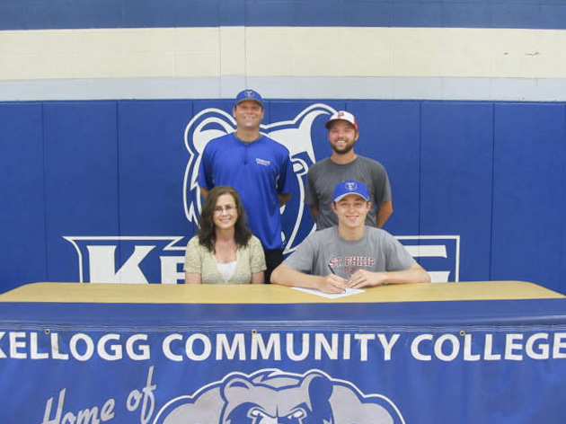 Pictured in this KCC baseball signing photo are, in the front row, from left to right, Vickie Hurst (mother) and Nicholas Hurst; and in the back row, from left to right, KCC’s head baseball coach Eric Laskovy and St. Philip Catholic Central High School’s head baseball coach Andrew Criswell.