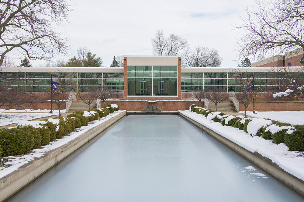 A snowy view of the main entrance to the North Avenue campus in Battle Creek in November 2015.