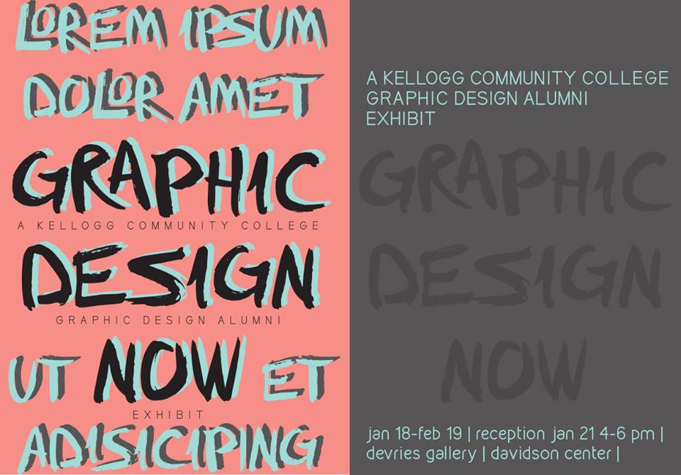 A text postcard promoting KCC's Graphic Design Now alumni exhibit, running in the Davidson Center through Feb. 19.
