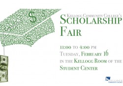A text slide promoting KCC's Scholarship Fair on the North Avenue campus in Battle Creek on Feb. 16, featuring a graduation cap made out of dollar signs.