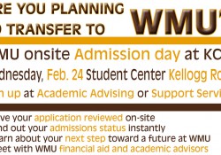 A text graphic promoting KCC's WMU Onsite Admission Day, scheduled for Feb. 24 on the North Avenue campus in Battle Creek.