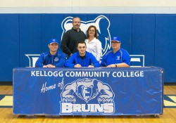 Pictured, in the front row from left to right, are Head KCC Baseball Coach Eric Laskovy, Riley Creamer and Associate Head KCC Baseball Coach Jim Miller. In the back row, from left to right, are Charlie Creamer and Andie Creamer.