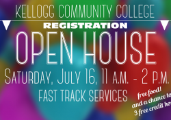 A text slide promoting KCC's Registration Open House, starting at 11 a.m. July 16 on campus in Battle Creek.