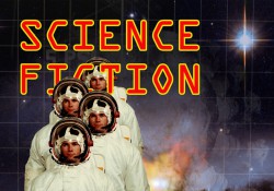 A "science fiction" graphic featuring astronauts in space and promoting KCC's LITE 241: Science Fiction class.