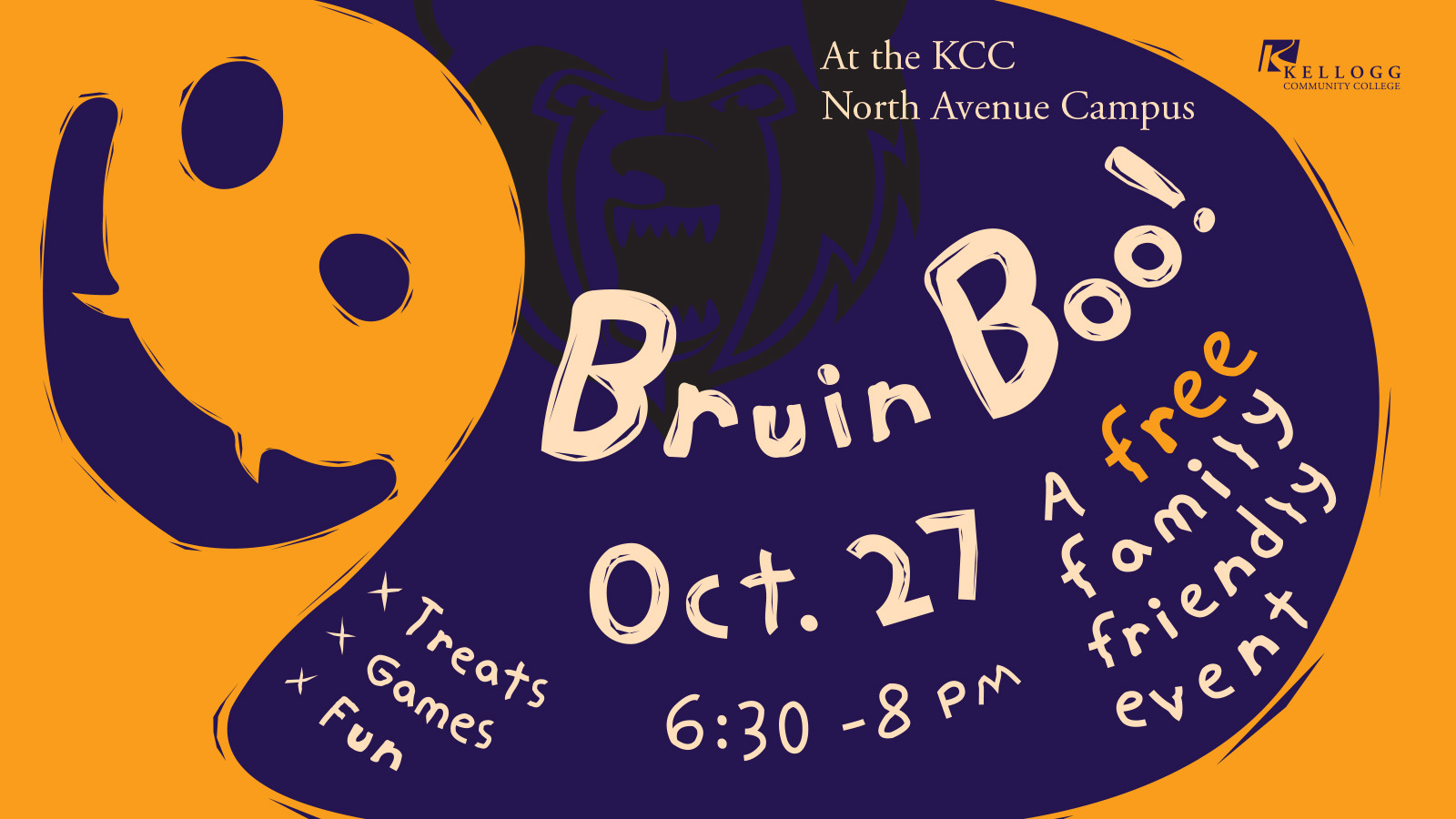 A text slide promoting KCC's upcoming Bruin Boo! community Halloween event on Oct. 27 on campus in Battle Creek.