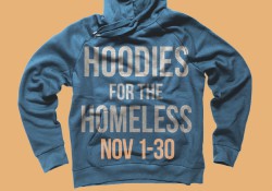 A sweatshirt with text that reads "Hoodies for the Homeless" to promote the Bruin Bookstore's clothing collection this month.