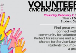 A text slide promoting KCC's Volunteer and Civic Engagement Fair, running 11 a.m. to 1:30 p.m. Feb. 2 in the Student Center on campus in Battle Creek.