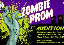 A text and graphic slide promoting auditions for KCC's upcoming spring musical "Zombie Prom" on Feb. 23 and 24.