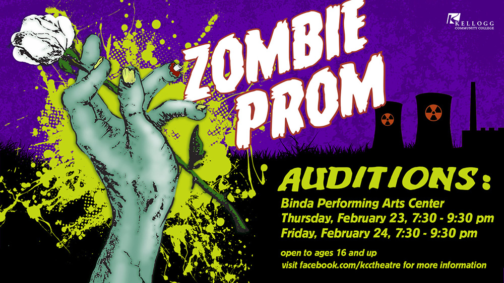 A text and graphic slide promoting auditions for KCC's upcoming spring musical "Zombie Prom" on Feb. 23 and 24.