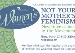 A promotional slide for an upcoming March 23, 2017, talk on feminism from speaker Kim Tran.