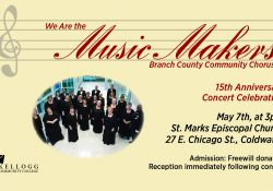 A promotional text slide highlighting the Branch County Community Chorus's May 7 concert in Coldwater.