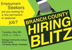 A text slide promoting the May 9 Branch County Hiring Blitz at the Grahl Center in Coldwater.