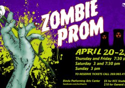 An illustrated zombie hand holds a flower in a promo for KCC's upcoming musical "Zombie Prom."