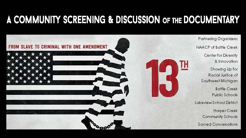 A graphic/text slide highlighting the KCC Center for Diversity and Innovation's May 12 and 13 screenings of the documentary "13th."