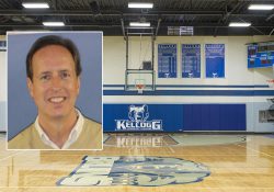A portrait of KCC's head women's basketball coach Dic Doumanian superimposed over a photo of the old Miller Gym.