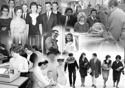 A collage of black and white archival photos of KCC students and staff.