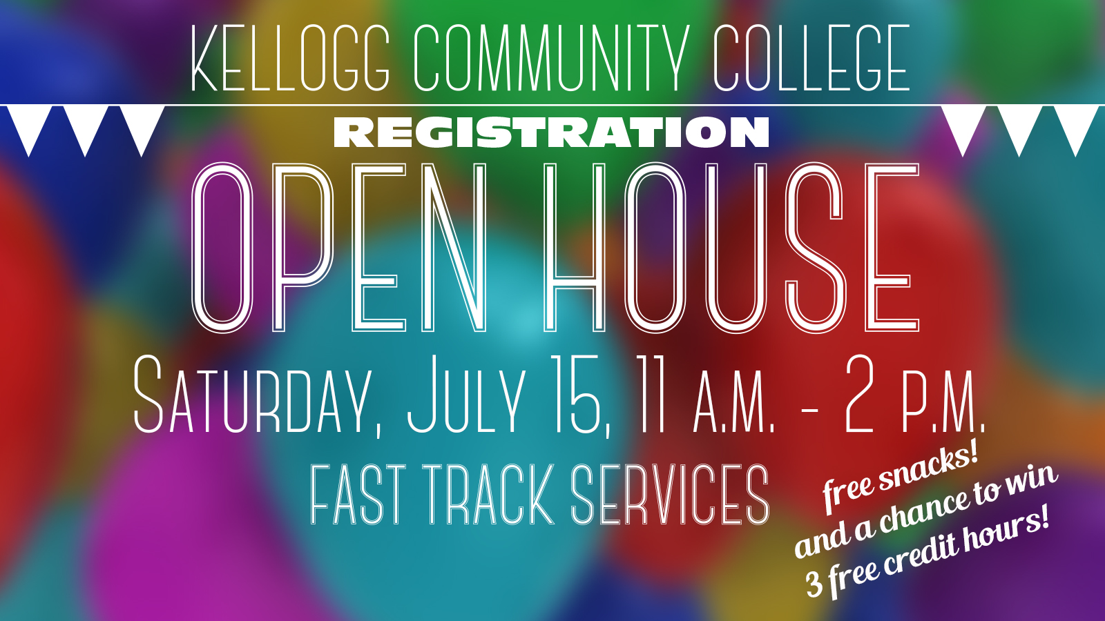 A text slide promoting KCC's upcoming Registration Open House, scheduled for 11 a.m. to 2 p.m. July 15, 2017, on campus in Battle Creek.