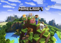 Illustration of Minecraft characters on top of a mountain created in the style of Minecraft games. Image courtesy of Microsoft.