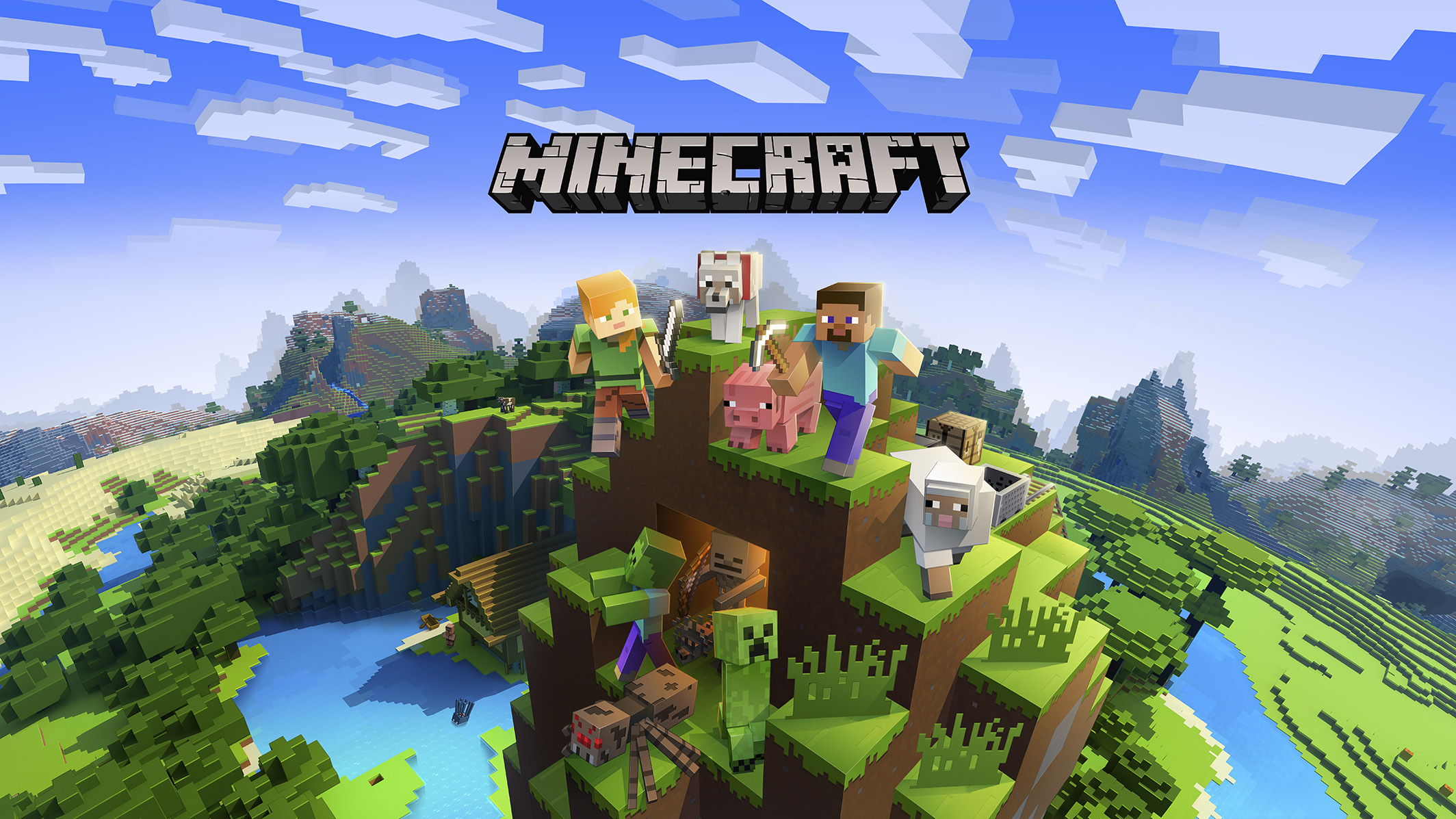 Illustration of Minecraft characters on top of a mountain created in the style of Minecraft games. Image courtesy of Microsoft.