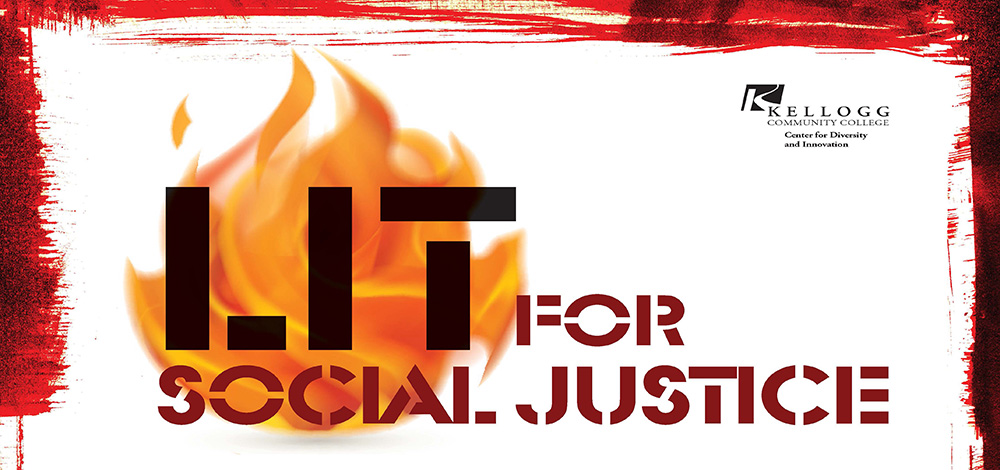 A text and graphic slide featuring an image of a flame with superimposed text highlighting the KCC CDI's upcoming LIT for Social Justice youth retreat.
