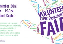 A text slide promoting KCC's upcoming Volunteer and Civic Engagement Fair, scheduled for 11 a.m. to 1:30 p.m. Sept. 20, 2017, in the Student Center on KCC's North Avenue campus in Battle Creek.