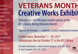 A text slide calling for submissions from veteran artists for works for KCC's Veterans Month Creative Works Exhibit.