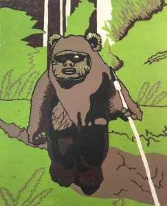 A colorful print of an ewok created by a student in one of instructor Don VanAuken's printmaking classes.