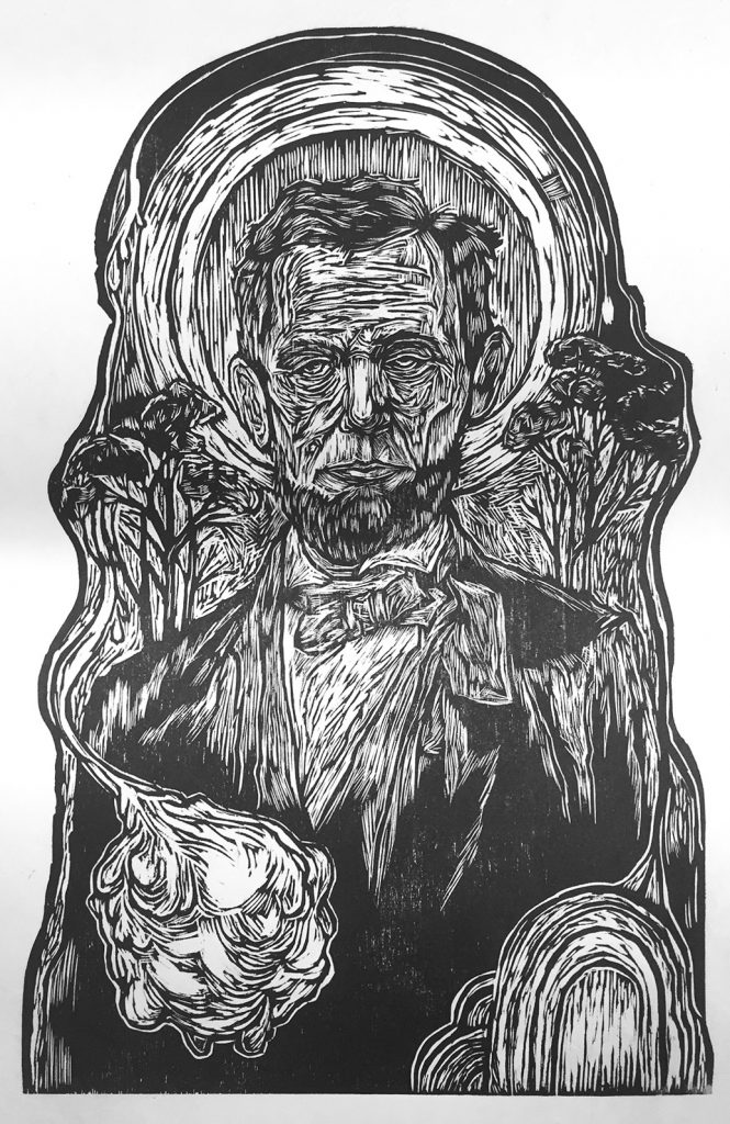 A black and white print of Abe Lincoln created by a student in one of instructor Don VanAuken's printmaking classes.