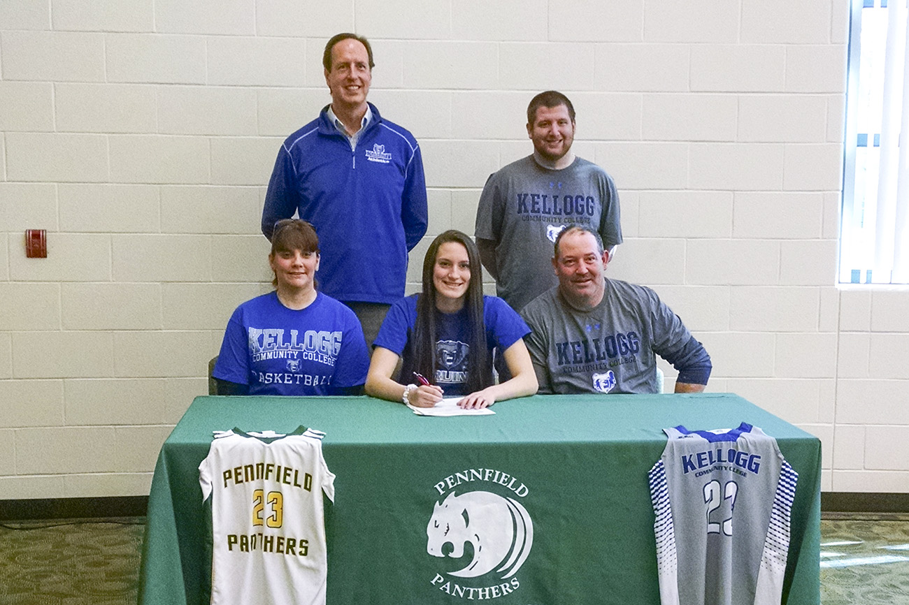 Pictured, in the front row, from left to right, are Shannon Abercrombie (mother), women's basketball signee Brianna Abercrombie and Eddie Abercrombie (father). In the back row, from left to right, are KCC’s Head Women’s Basketball Coach Dic Doumanian and Eddie Abercrombie (brother).
