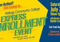 A text slide promoting KCC's Express Enrollment Event, scheduled for 10 a.m. to 1 p.m. July 21 on KCC's North Avenue campus in Battle Creek.