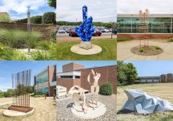 A collage of the 10 new outdoor sculptures installed on KCC's North Avenue campus over the Summer 2018 semester.