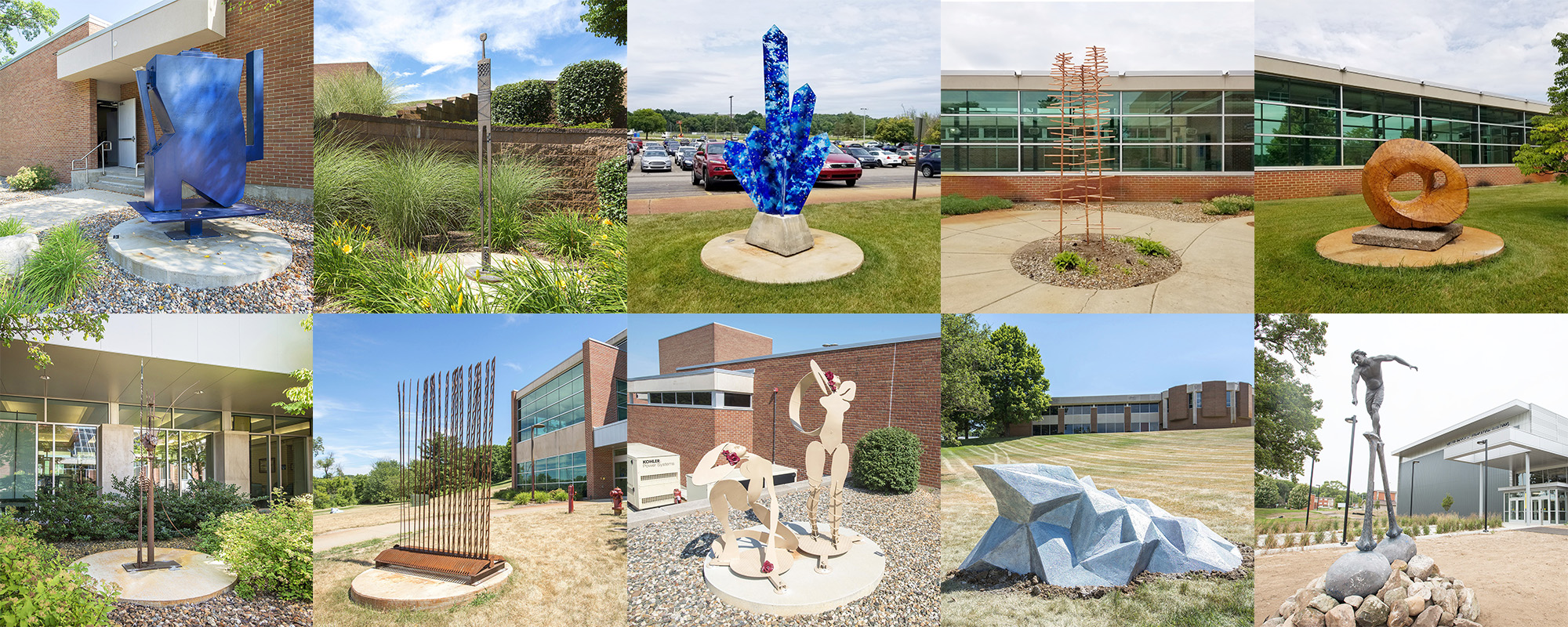 A collage of the 10 new outdoor sculptures installed on KCC's North Avenue campus over the Summer 2018 semester.