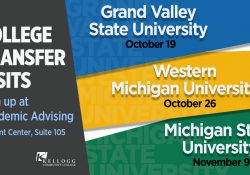 A text slide promoting KCC's Fall 2018 College Transfer Visits, including GVSU Oct. 19, WMU Oct. 26 and MSU Nov. 9.