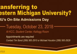 A text slide promoting KCC's WMU On-Site Admission Day, scheduled for Oct. 23, 2018.
