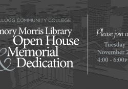 A text slide promoting KCC's Emory Morris Library Open House & Dedication event, scheduled for 4 to 6 p.m. Tuesday, Nov. 20, 2018.
