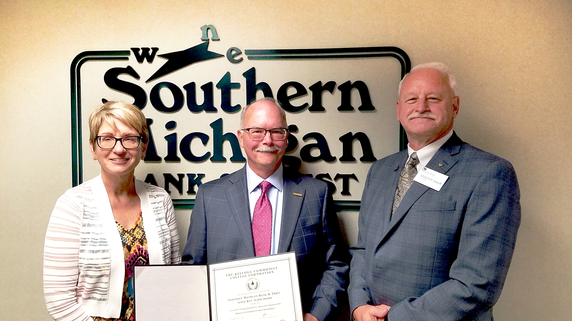 Pictured, left to right, are KCC Foundation Executive Director Teresa Durham, Southern Michigan Bank & Trust Chairman and CEO John Castle and KCC President Mark O'Connell.