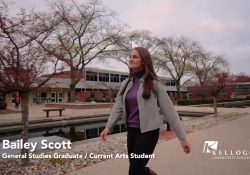 KCC student Bailey Scott walks outside on campus in Battle Creek in a screenshot from a recent KCC commercial.