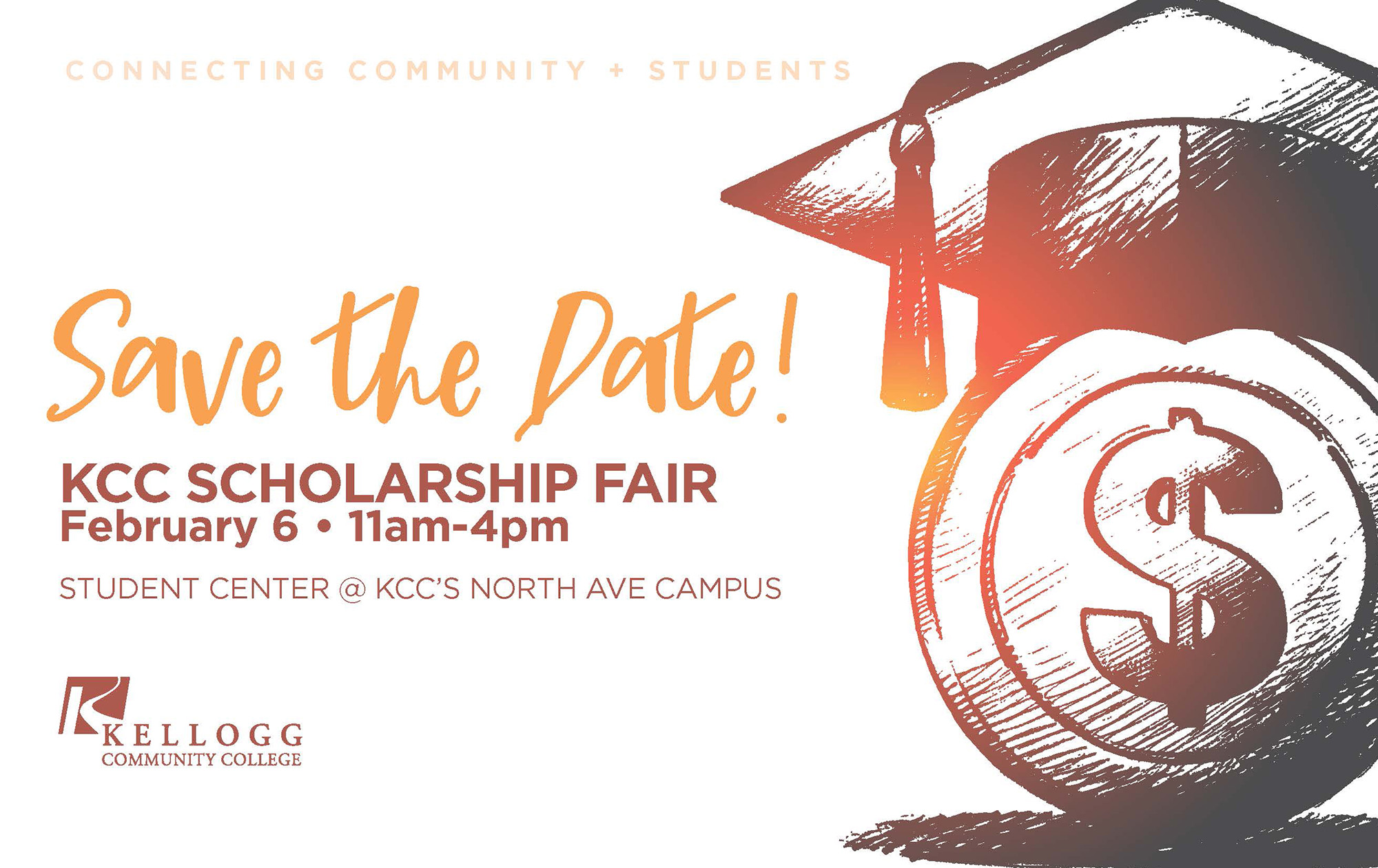 An illustration of a money sign with a graduation cap on illustrates a text slide promoting KCC's Scholarship Fair.